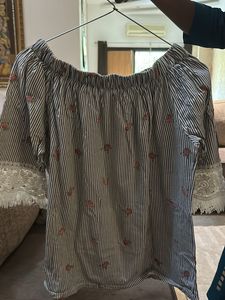 Off-Shoulder Striped Top with Lace