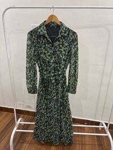Long Sleeve Green Dainty Floral Print Midi Dress