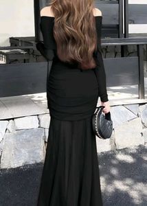 Black Off-Shoulder Ruched Mesh Dress