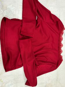 Red Long Sleeve Lace Trim Top
