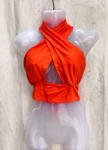 23238. Orange Halter Neck Crop Top