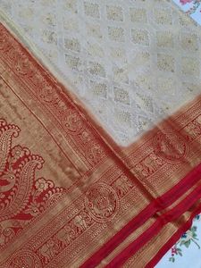 Cream &amp; Red Brocade Saree