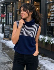 Sleeveless Navy & White Striped Turtleneck Vest