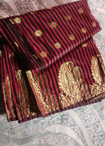 Elegant Red & Black Striped Saree with Gold Motifs