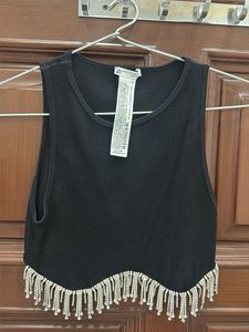 Black Crop Top with Rhinestone Fringe
