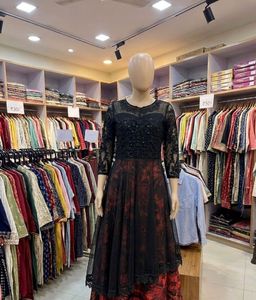 Elegant Black & Red Embellished Long Top and Lahen