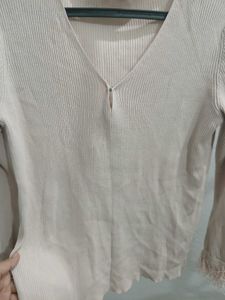 Light Pink Long Sleeve Top with Feather Cuffs