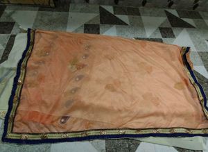 Elegant Peach &amp; Cream Saree with Blue Border