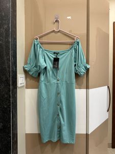Teal Square Neck Button Down Dress