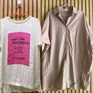 2 Trendy Tops Combo 💥 White Tee + Pink Shirt at B