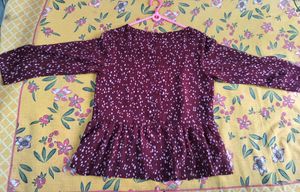 Quiero Maroon Ditsy Print Sheer peplum Top