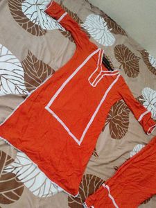 Orange Kurta with White Lace Trim