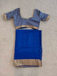 Simple Royal blue Saree with Striped Blouse