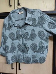 Light Blue Bird Print Button-Up Shirt