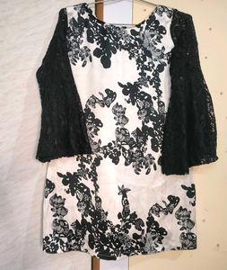 Black &amp; White Floral Satin Kurta Set