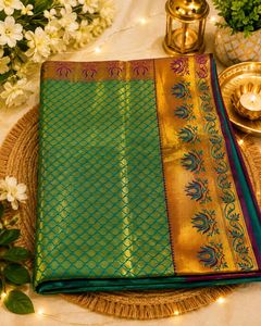 Elegant Green &amp; Gold Designer Silk Saree with Lotu