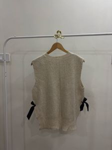 Cream Ribbed Vest Sweater with Black Bow detailing
