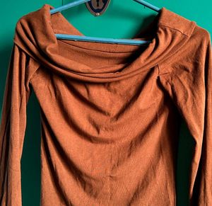 Brown Off-Shoulder Long Sleeve Top