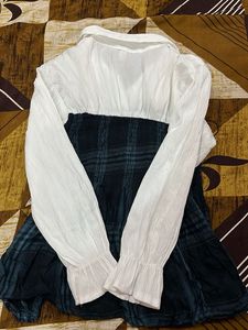 Stylish Plaid Pinafore Dress with White Blouse
