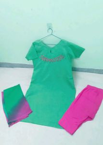 Green Kurta Set with Pink Leggings &amp; Dupatta