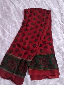 Red Printed Saree with Green Border without blouse