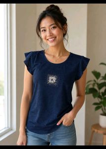 Chic Embellished Navy Blue T-Shirt