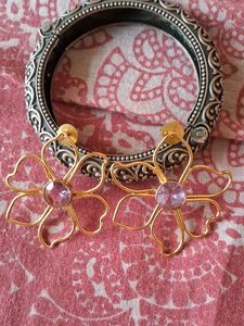Western brass Floral Stud Earrings with Pink Stone