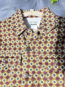 Cropped Geometric Print Denim  Jacket