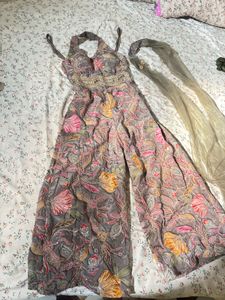 Embroidered Grey Helter Neck Jumpsuit with Dupatta
