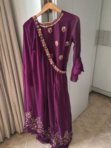 Purple Embroidered Ethnic Gown Set with Shrug