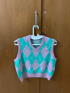 Argyle Knit Vest - Purple & Green