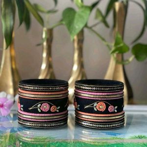 Embroidered Black Bangle Set🖤🩷