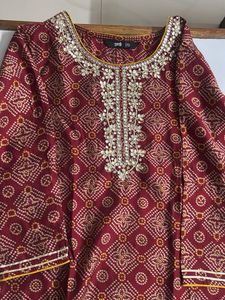 Maroon Ethnic Kurta Set with Embellished Neckline