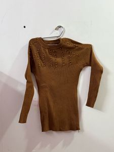 Brown Ribbed Knit Sweater