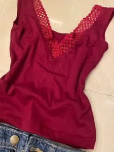 Stylish Burgundy Lace Trim Top