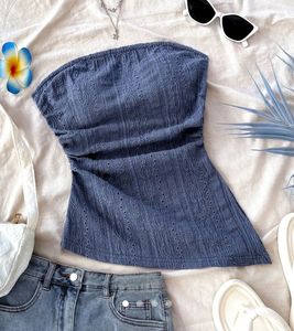 Chic Blue Eyelet Tube Top asymmetrical