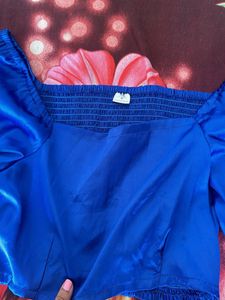 Blue Satin Puff Sleeve Crop Top