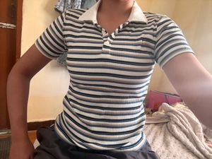 Striped Polo Neck T-Shirt