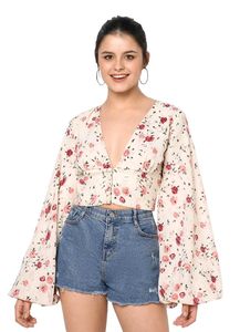 Floral Print V-Neck Bell Sleeve Crop Top