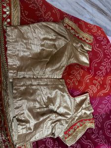 Red Bandhani Designer Saree with Gold Blouse