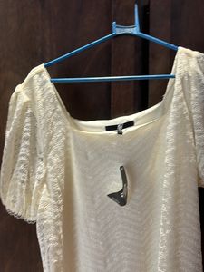 Off White Tshirt, Net Pattern, With Puff Sleeves