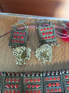 Only Red Oxideized Necklace Set Available +Jhumkas