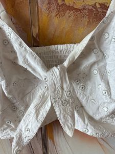 White Embroidered Crop Top with Tie Front