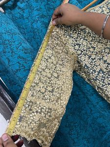 Designer Gold Lace Blouse with Teal Skirt