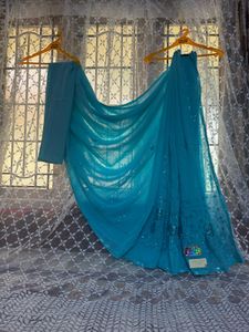 🩵✨Turquoise Blue Poonam Georgette Sequin Saree |