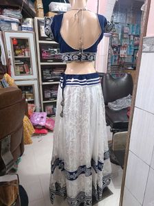 Elegant Blue &amp; White Embroidered Lehenga Choli