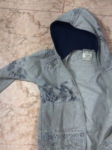 Gray Floral Print Zip-Up Hoodie
