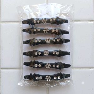 Set of 6 Black Hair Clips with Rhinestones