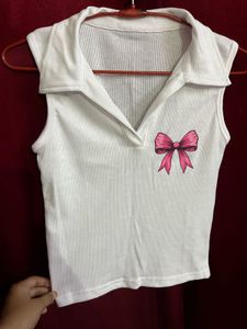 Cute White Ribbed Collared Tank Top