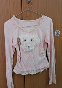 Cute Dog Face Pink Top with Lace Trim